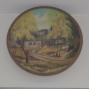 Vintage HAND PAINTED Round Rustic Landscape Wall Art BOWL